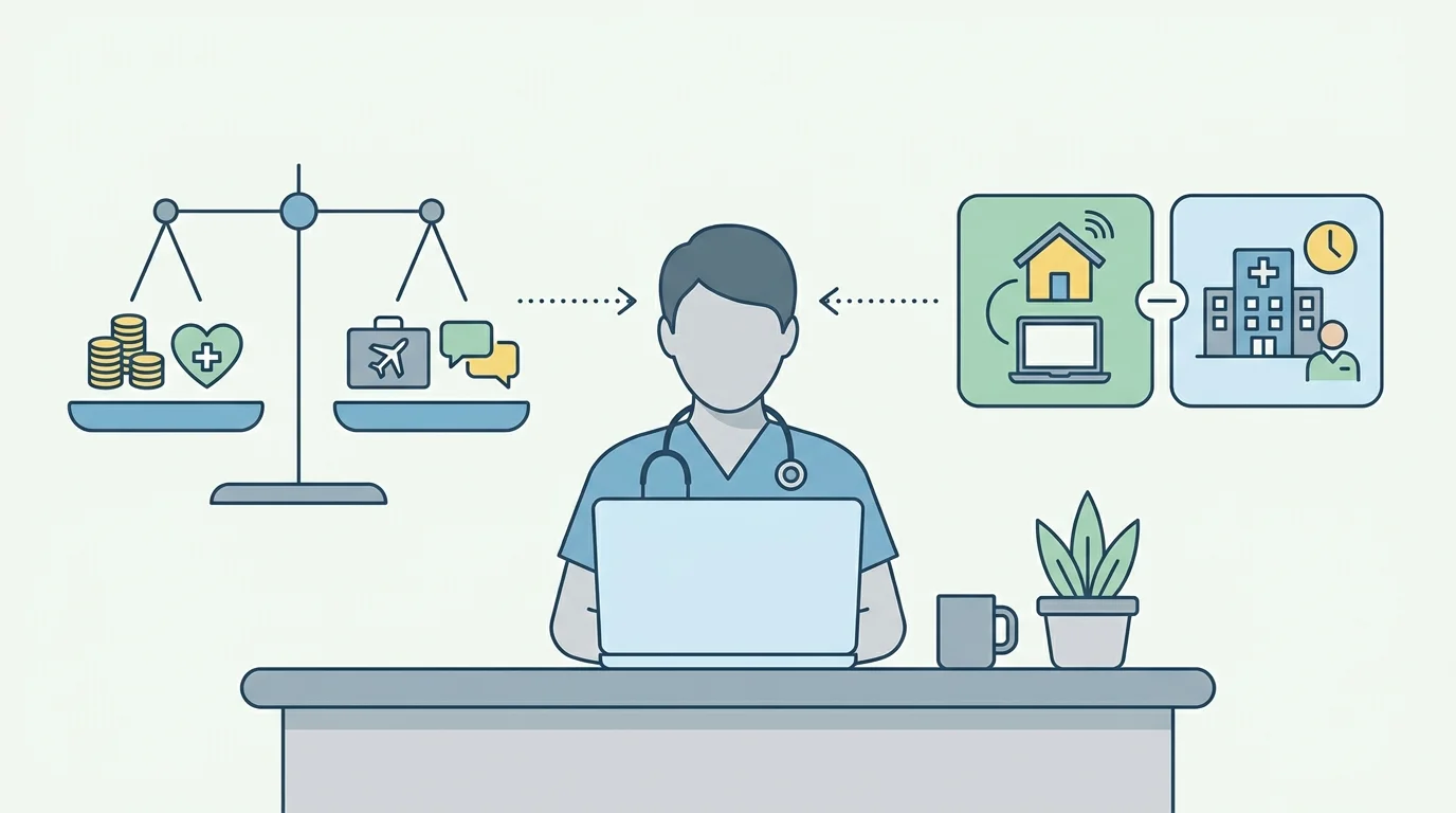 Compensation section: A clinician compares two job offers at a home desk while weighing salary, benefits, travel, meeting demands, and a retained clinical schedule.