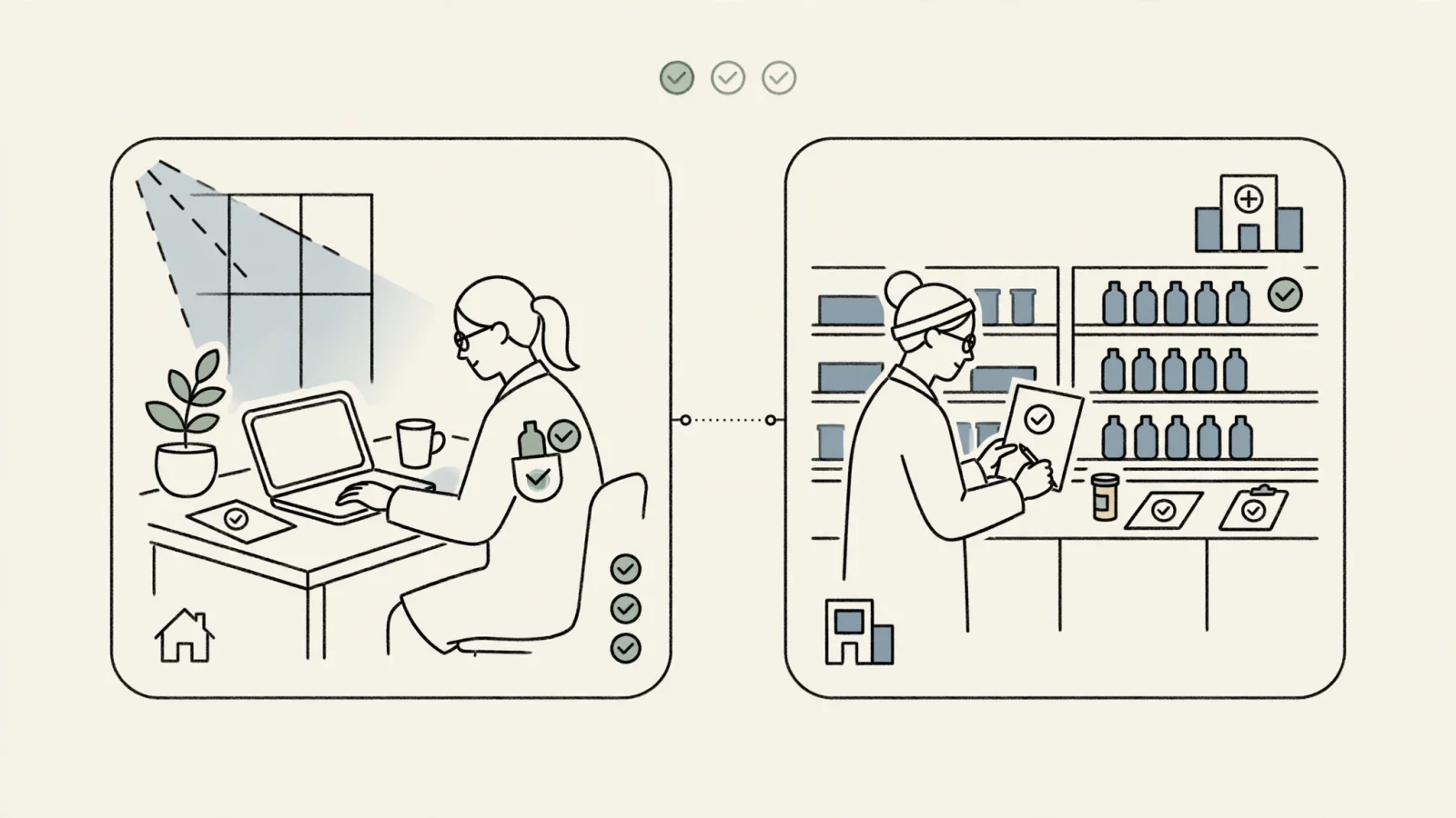 For the opening distinction, show one pharmacist working from a home office and another verifying orders at a workstation inside a hospital pharmacy, with the contrasting settings making the meanings of remote work clear; include no readable text.