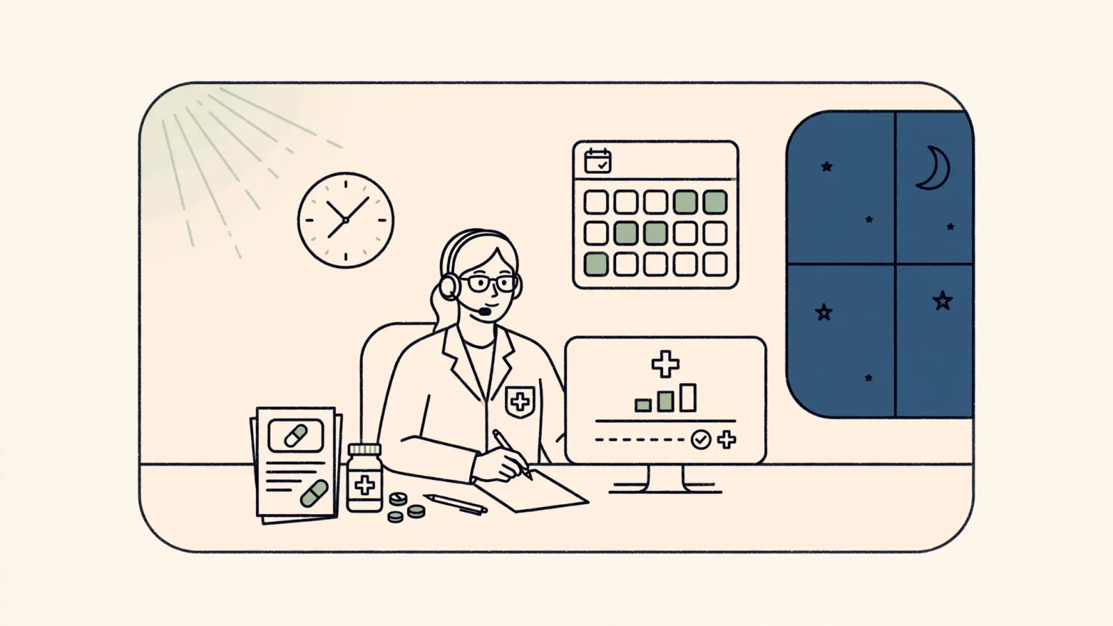 For the work-life section, show a pharmacist working at a home desk in an evening setting, with a headset suggesting scheduled coverage, to convey that home-based work can still involve fixed hours; include no readable text.
