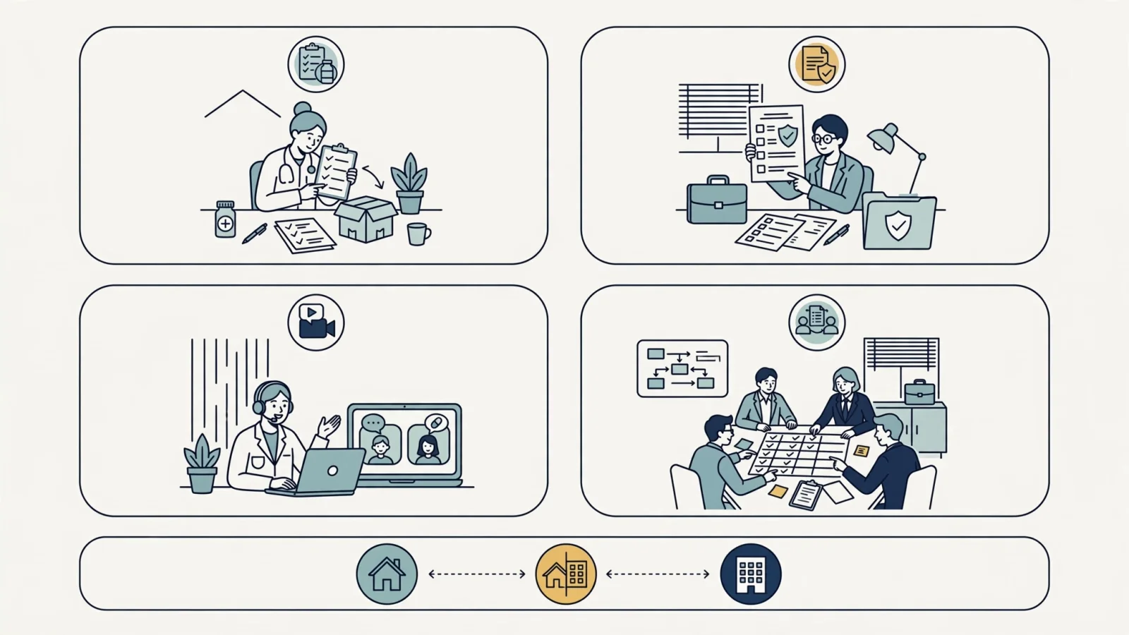An editorial four-scene collage showing a pharmacist verifying an order, reviewing a payer authorization, counseling a patient by video, and collaborating on formulary planning makes the different remote job families visible.