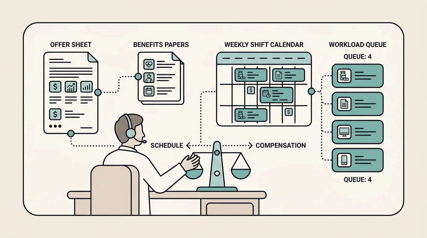 A pharmacist at a home desk weighs an offer beside a shift calendar, headset, workload queue, and benefits paperwork, making compensation and schedule trade-offs tangible.