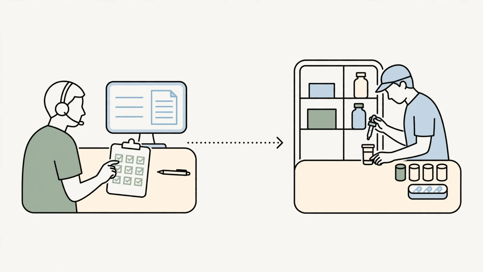 A remote pharmacist verifies a medication order from a home workstation while an on-site pharmacy technician prepares a prescription, showing how remote review can connect with local pharmacy operations.