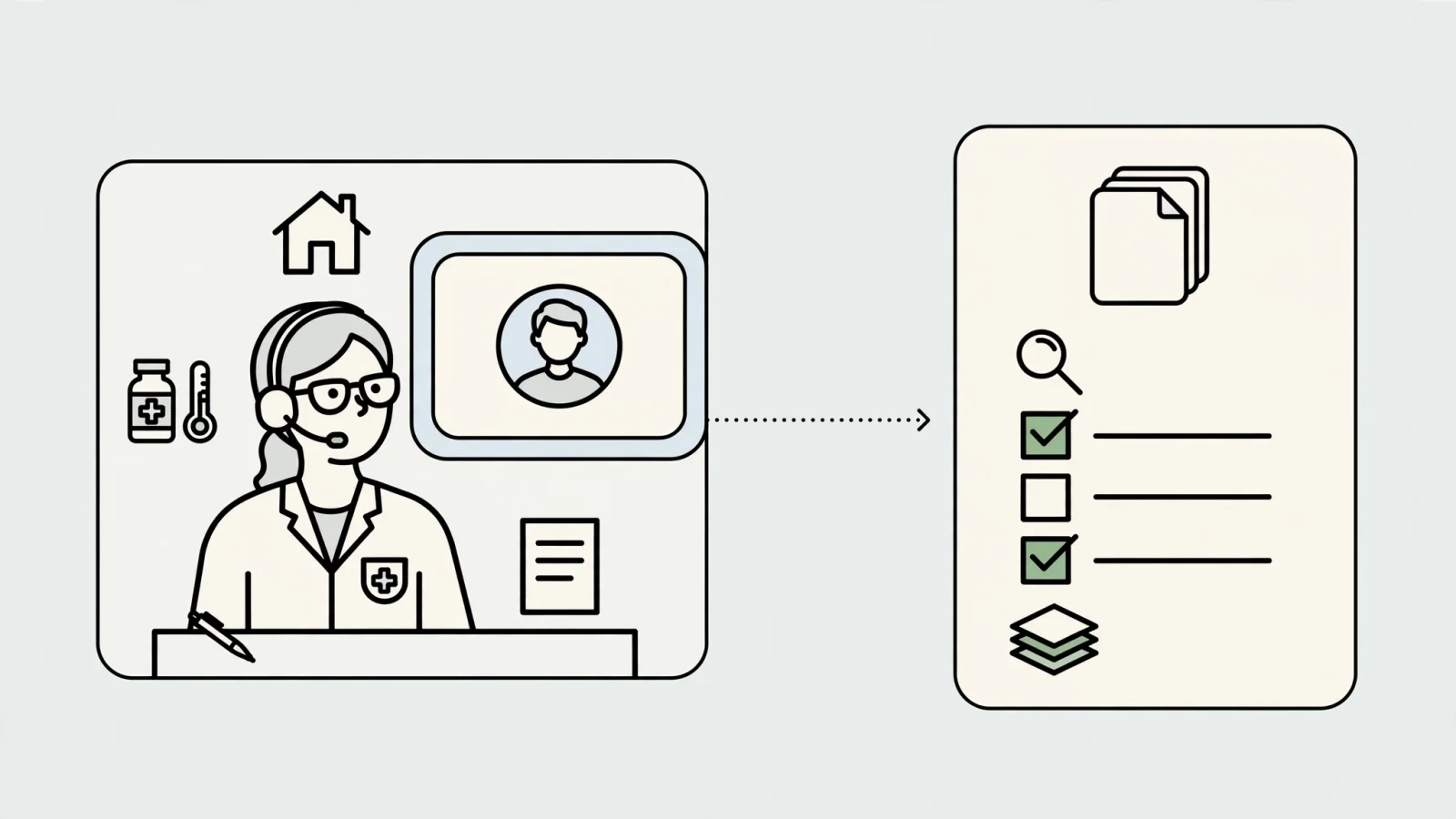 A pharmacist in a home office conducts a medication-counseling video call while reviewing a separate benefits case, illustrating the range of patient-facing and behind-the-scenes remote work.