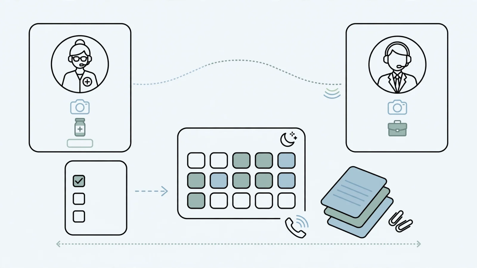 A pharmacist speaks with a recruiter by video while checking a calendar and offer paperwork, making shift, call-coverage, and workload questions part of the job-evaluation scene.