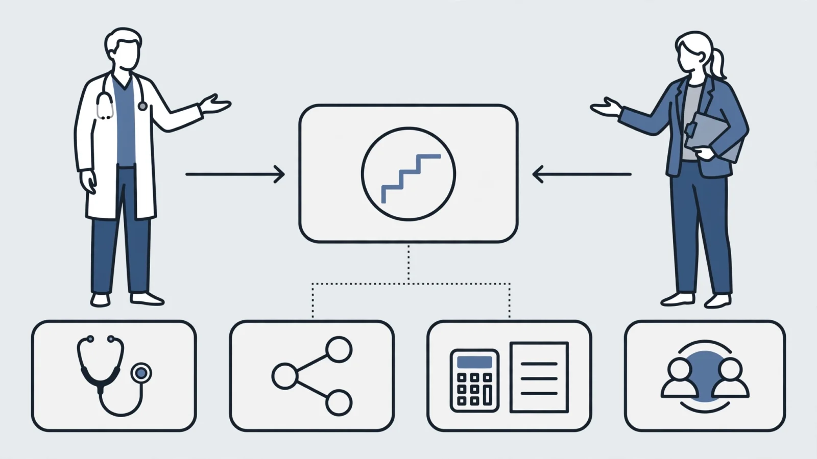 Opening illustration: A physician and health-system administrator translate a medical-director role into clinical, operations, finance, and people responsibilities, with no readable text.