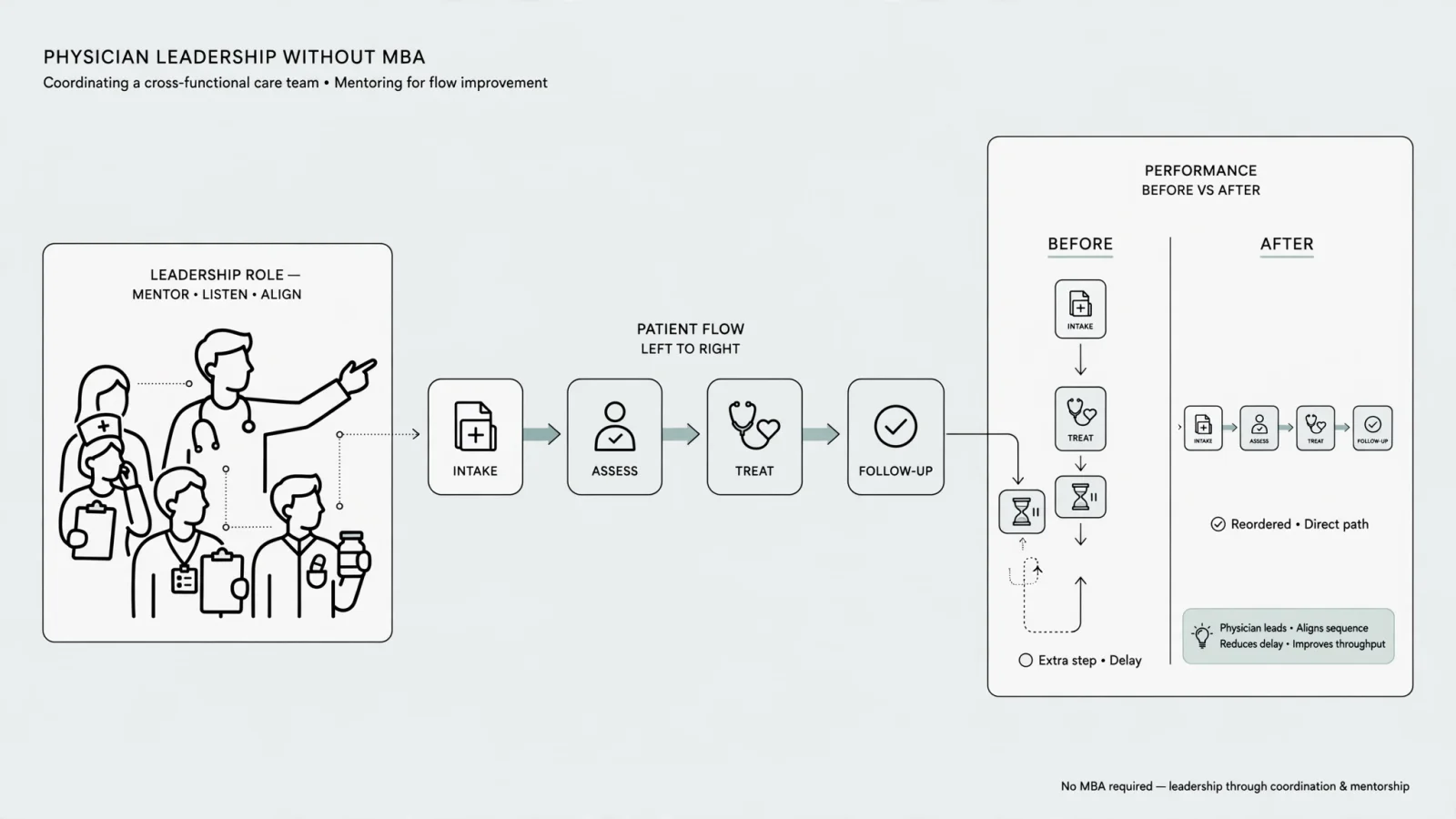 Operations illustration: A physician leads a cross-functional care team around a patient-flow map while reviewing a before-and-after performance display, with no readable text.