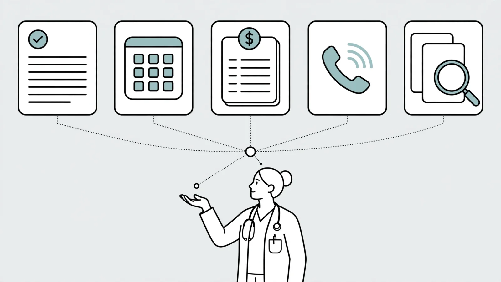 Role-evaluation illustration: A clinician weighs a leadership offer beside a calendar, budget, call schedule, and contract pages, with no readable text.