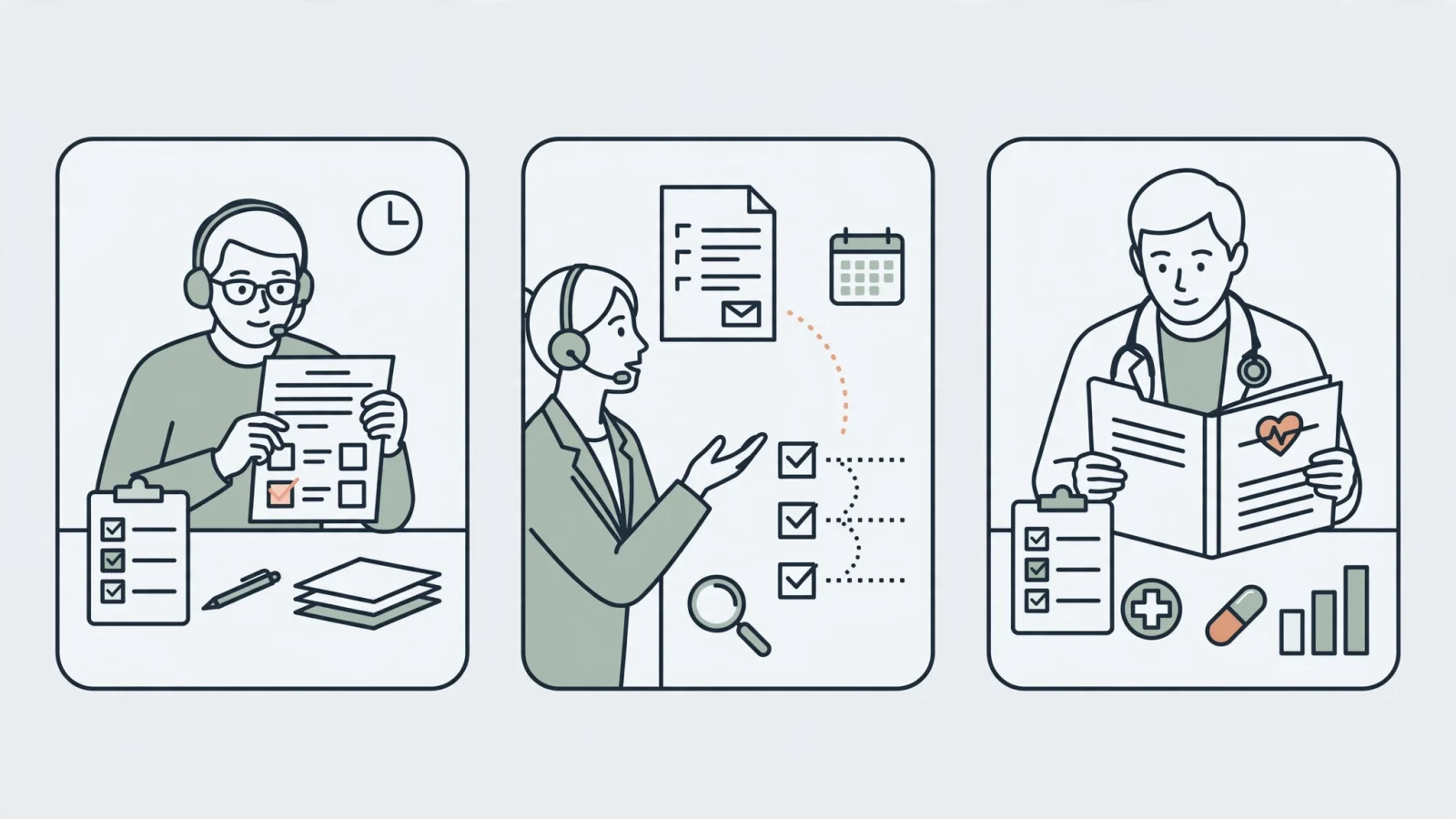 For the role-taxonomy section, show a claims processor checking a form, a provider-side billing specialist following up on a payment, and a clinician reviewing a case file in a triptych-style editorial scene without labels or text.