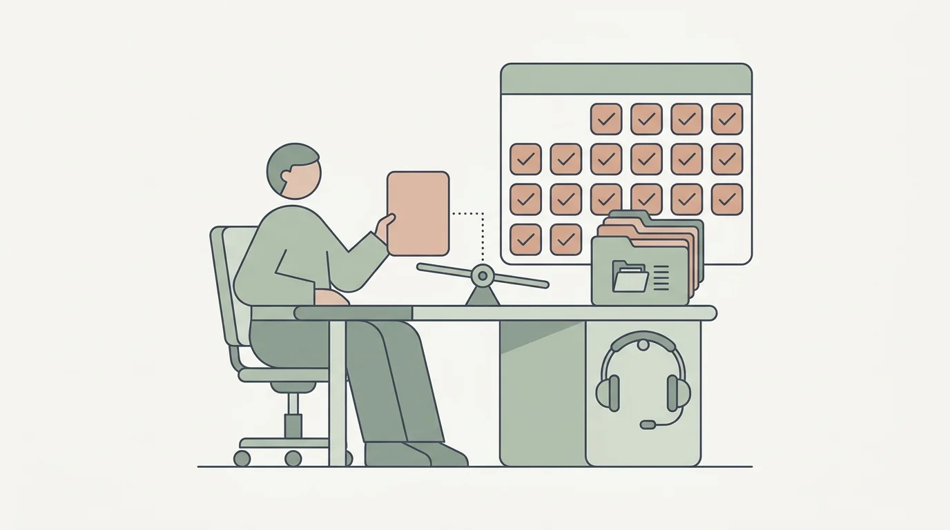 For the workload section, show a remote worker considering a job offer beside a full task queue, a fixed-shift calendar, and a headset, illustrating that working from home does not guarantee light volume or flexible hours.