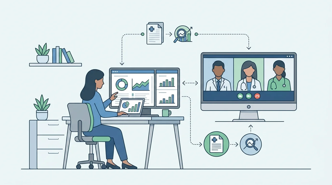 For the opening definition, show a clinician-turned-analyst in a home office reviewing a patient-outcomes dashboard while collaborating with a virtual healthcare team, with no readable text.
