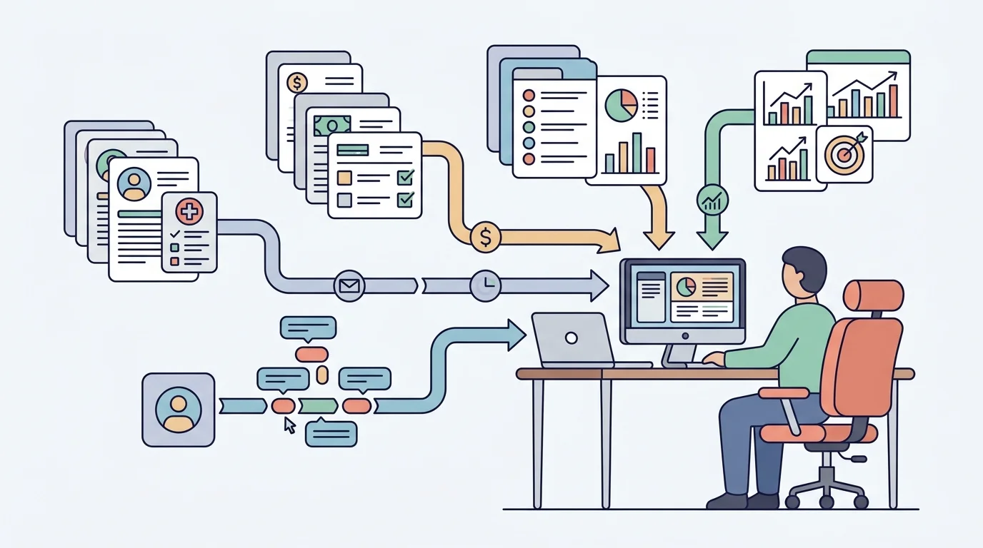 For the healthcare-domain section, show EHR records, claims forms, registry entries, and quality metrics converging on an analyst’s workstation to make the different data sources immediately understandable.