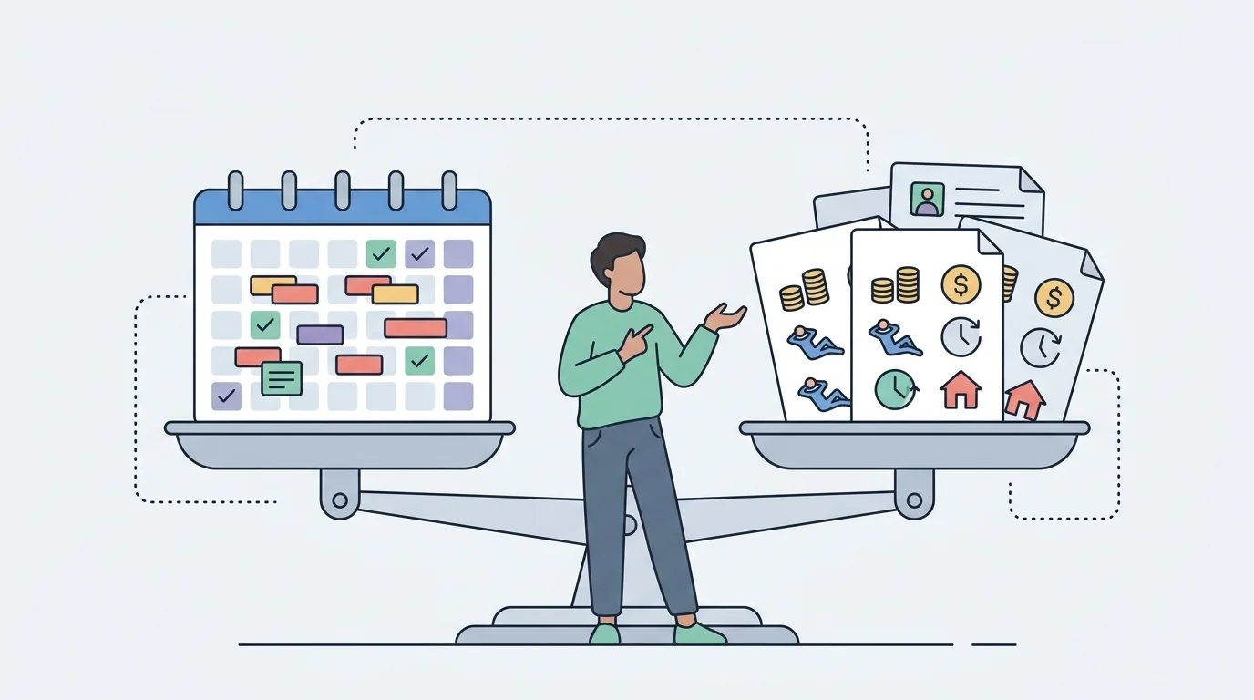 For the burnout and comparison sections, show a remote analyst weighing a calendar of meetings and deadlines against several job offers with abstract salary and work-life indicators, with no readable text.