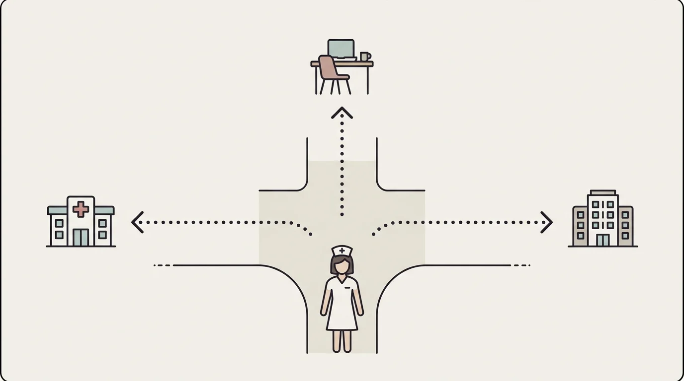 A nurse stands at a hallway crossroads between a clinic, a laptop-based home office, and a non-healthcare workplace, making the three distances of a career change immediately understandable.