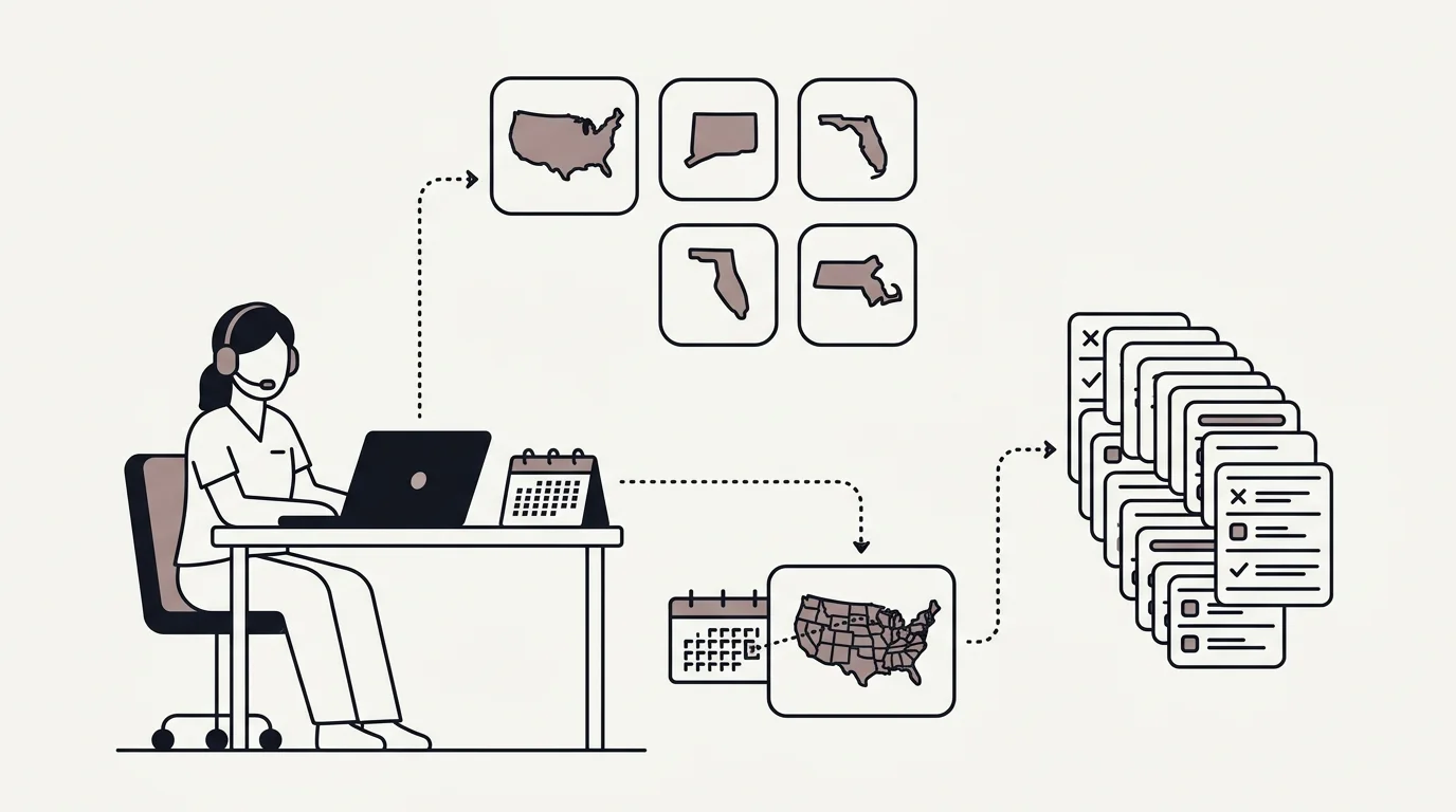 A remote nurse works at a home workstation while balancing a headset, workload queue, multistate map, and calendar, illustrating how remote work can trade commuting for licensing and workload complexity.