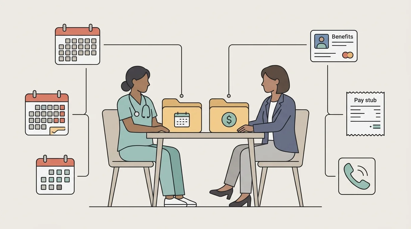 A nurse and hiring manager compare two offer folders on a table with a calendar, benefits card, pay stub, and call-phone icon, making total compensation and schedule trade-offs tangible.