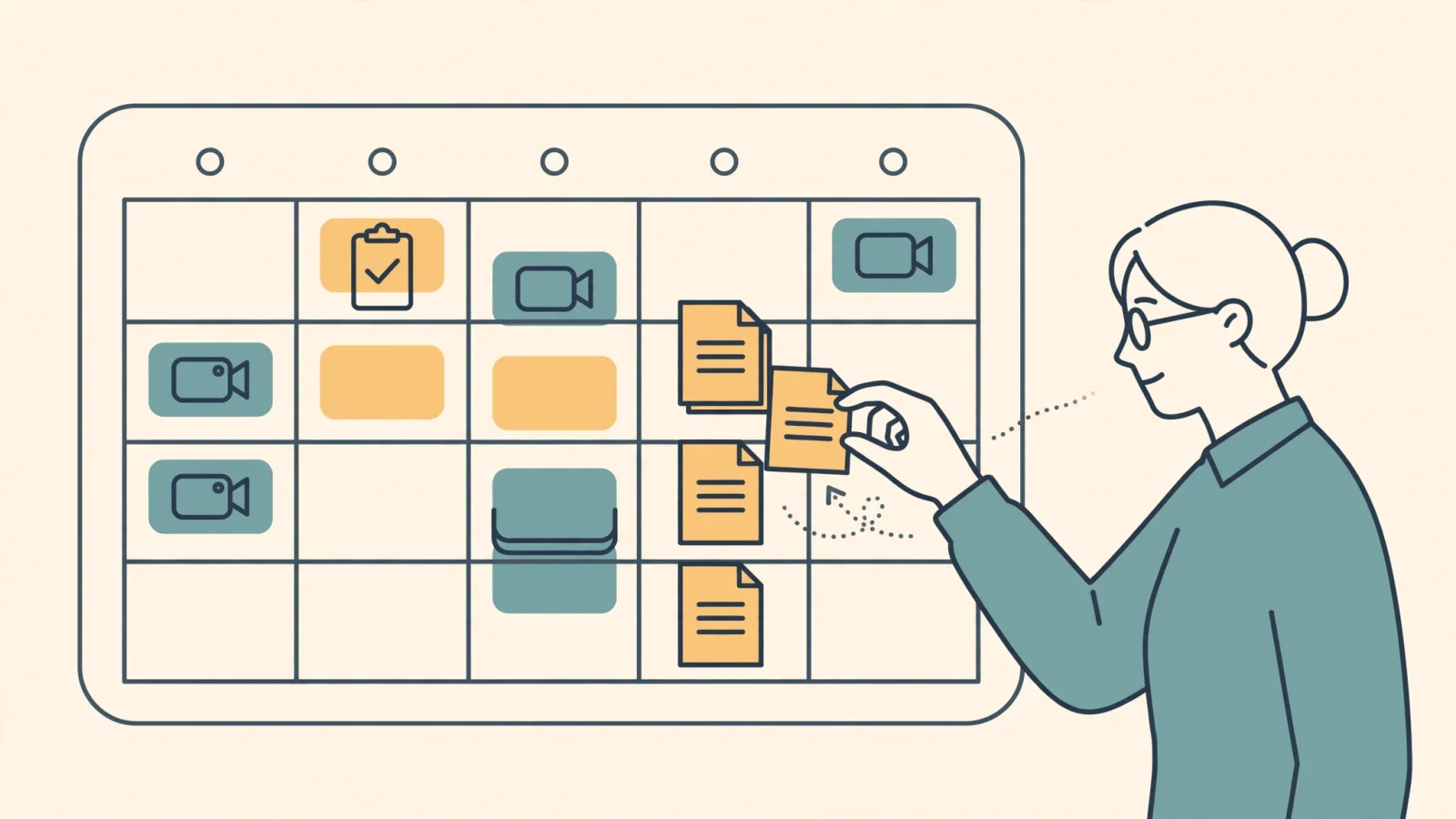 An OT reviews a weekly calendar with telehealth sessions, care-review deadlines, and documentation blocks competing for time, showing why flexibility depends on workload details; no readable text.