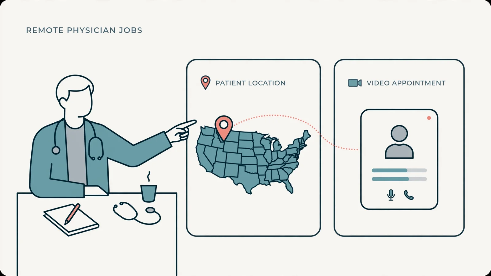 A physician checks a patient’s location on a U.S. map beside a video-call screen before starting an appointment, illustrating why remote practice still has a jurisdiction.