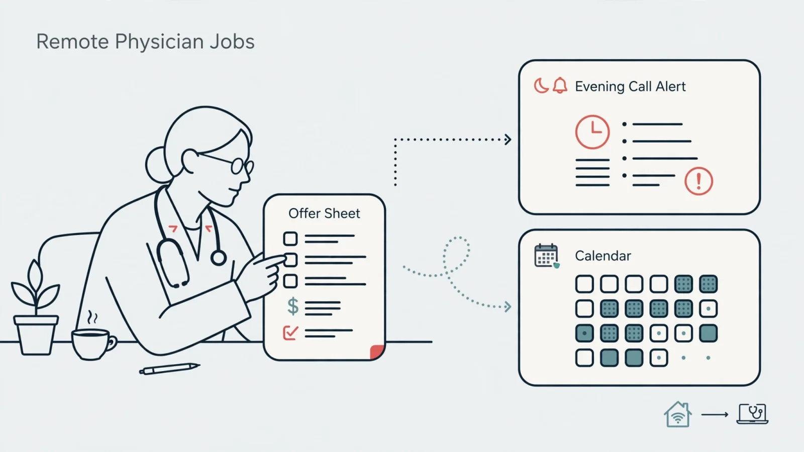 A physician at a home desk reviews an offer while an evening-call notification and crowded calendar hint at the workload that can sit behind a remote label.