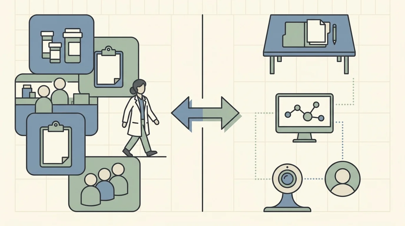 An opening split-scene editorial illustration of a pharmacist leaving a crowded retail counter and inpatient verification queue for case review, an EHR project, and a virtual visit, with no text.