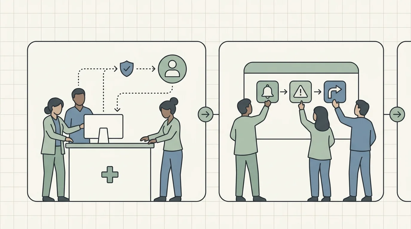 A pharmacist, informatics analyst, and medication-safety leader tracing a near miss on a hospital workstation and redesigning an alert, with no text.