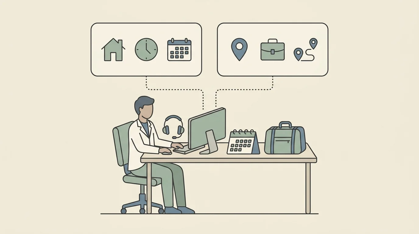 A pharmacist at a home workstation comparing two job offers beside a calendar, headset, and travel bag, with no text.