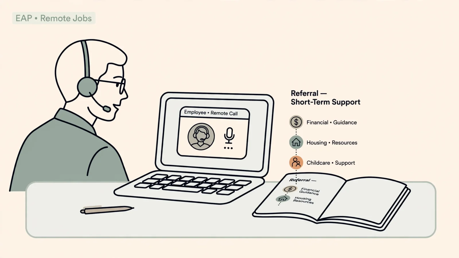 A clinician in a private home office speaking with an employee over a headset, with a referral notebook nearby to convey confidential short-term support rather than a generic therapy scene.