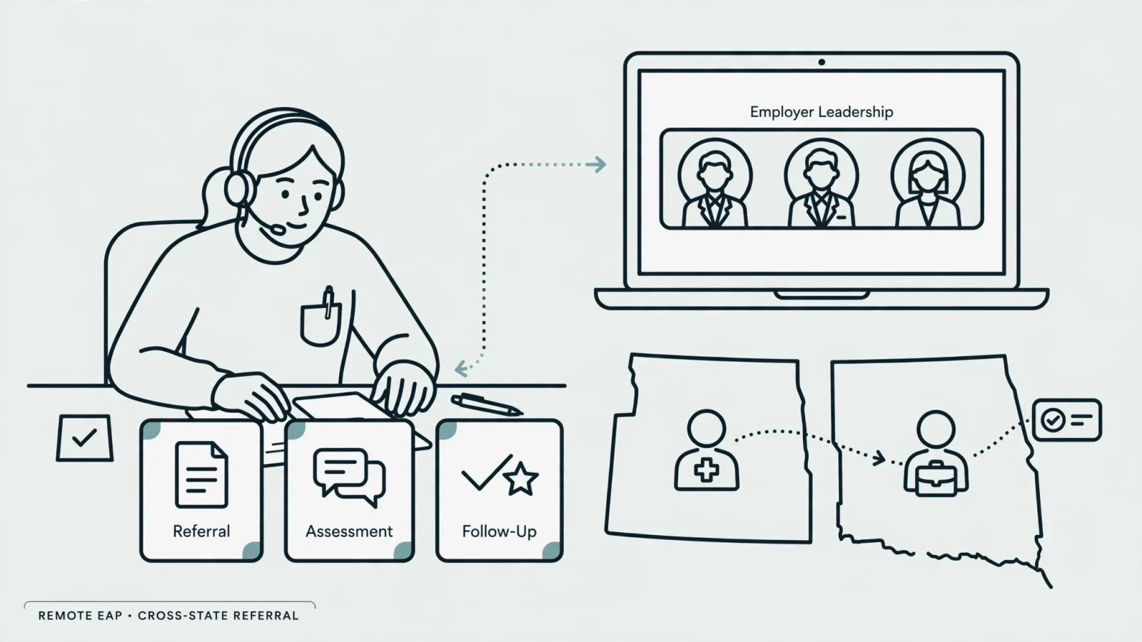 A remote EAP consultant preparing referral resources while speaking with a small employer leadership group on screen, showing that EAP work can support organizations as well as individuals.
