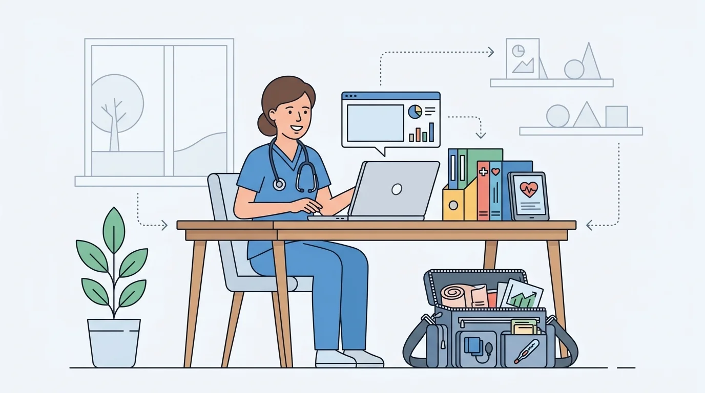 For the opening, show one RN educator in a home office teaching on a laptop while course materials and a packed training bag reveal the academic and field sides of the job.