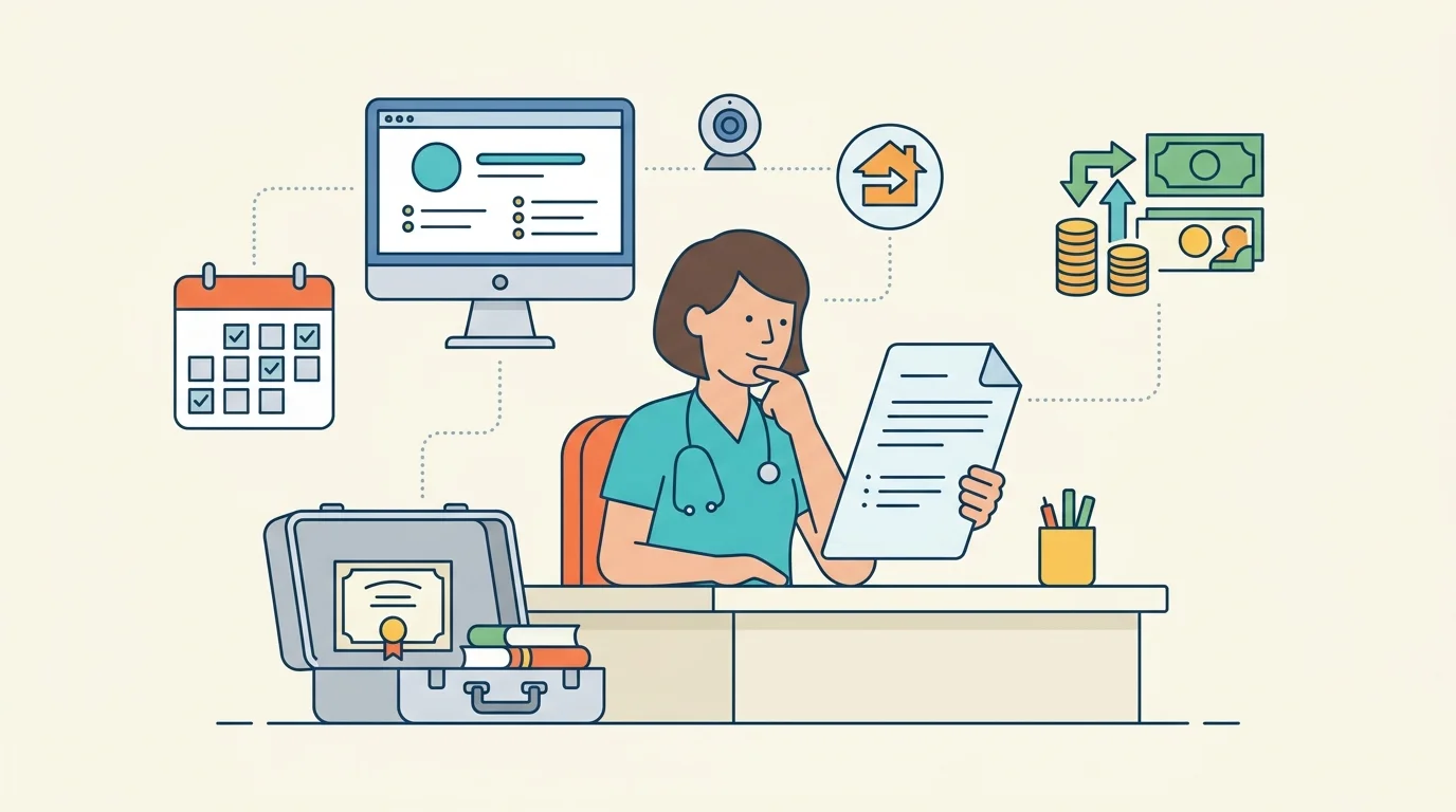 For the comparison framework, show a nurse educator studying a job description beside a webcam, course outline, calendar, suitcase, stethoscope, and compensation statement.