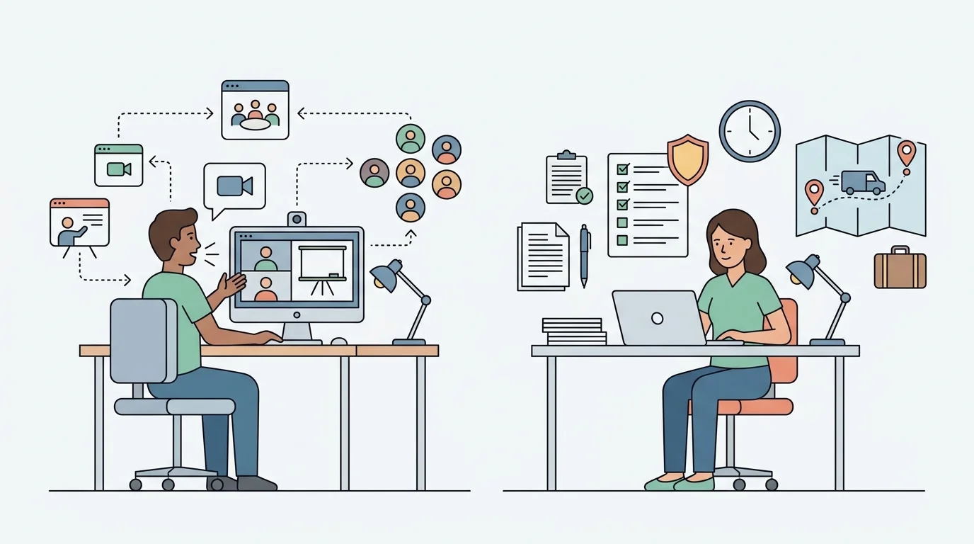 For the offer-stage section, show two realistic workday arrangements side by side, contrasting live teaching and meetings with curriculum work, travel, and protected focus time.