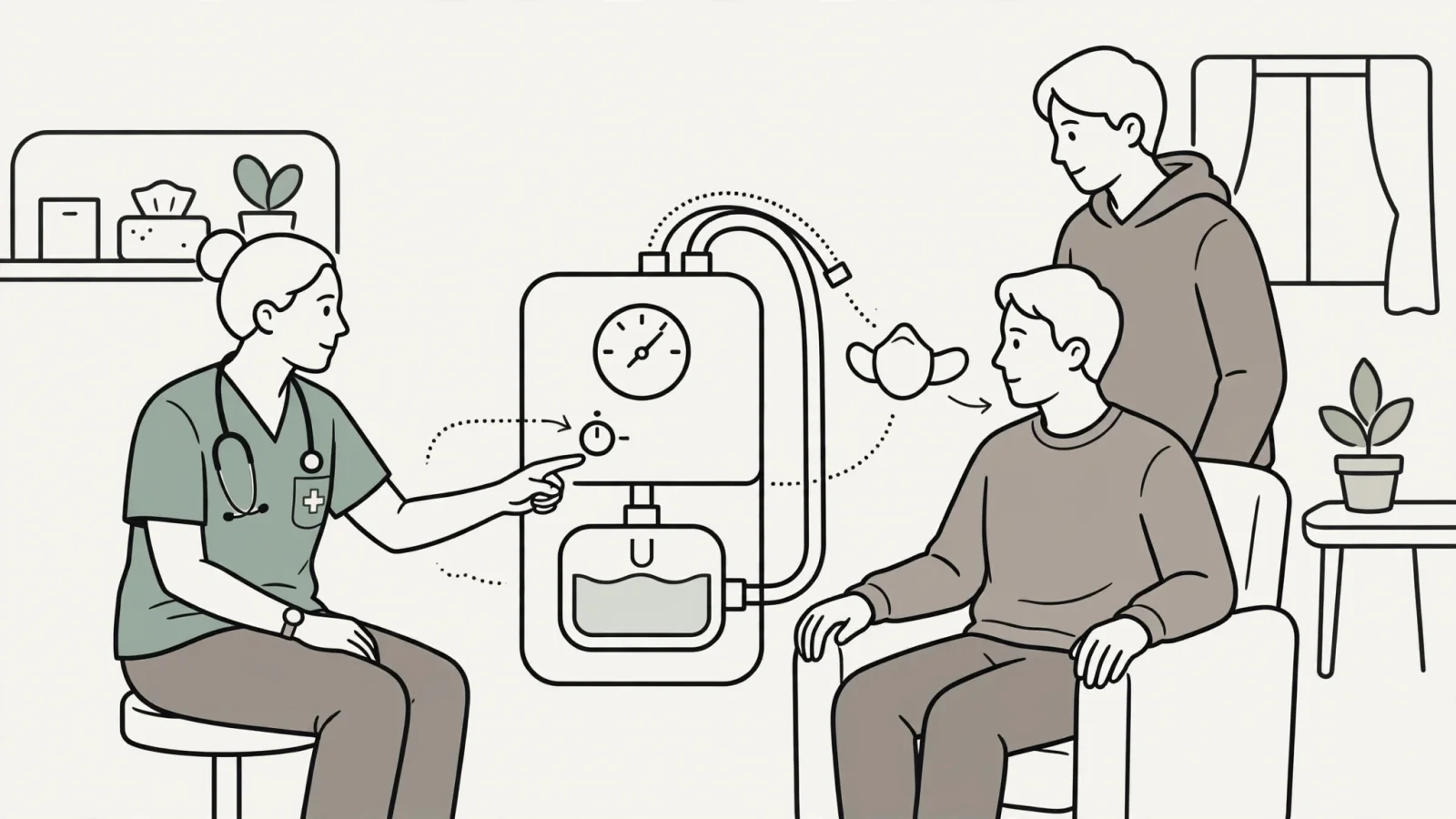 A field-based respiratory therapist demonstrates a home ventilator to a patient and caregiver in their living room, showing the hands-on work a home-care label can include, with no legible text or logos.