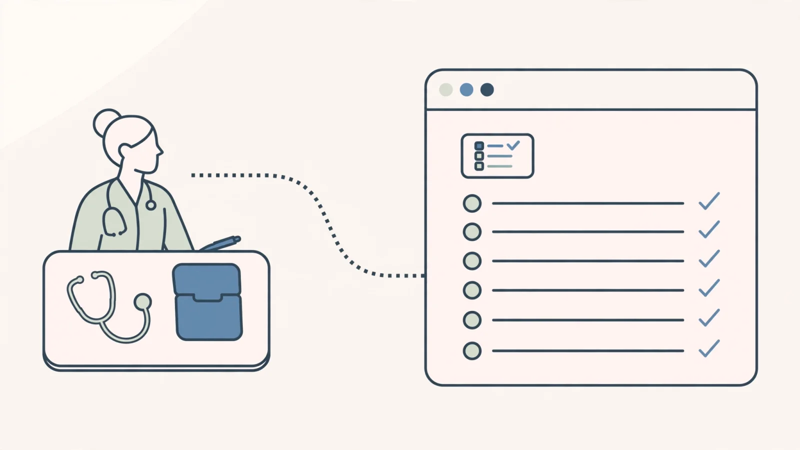 For the clinician-transition section, show a clinician at a quiet home workspace reviewing an anonymized EHR quality report, with clinical materials nearby to suggest a path from care delivery to compliance.