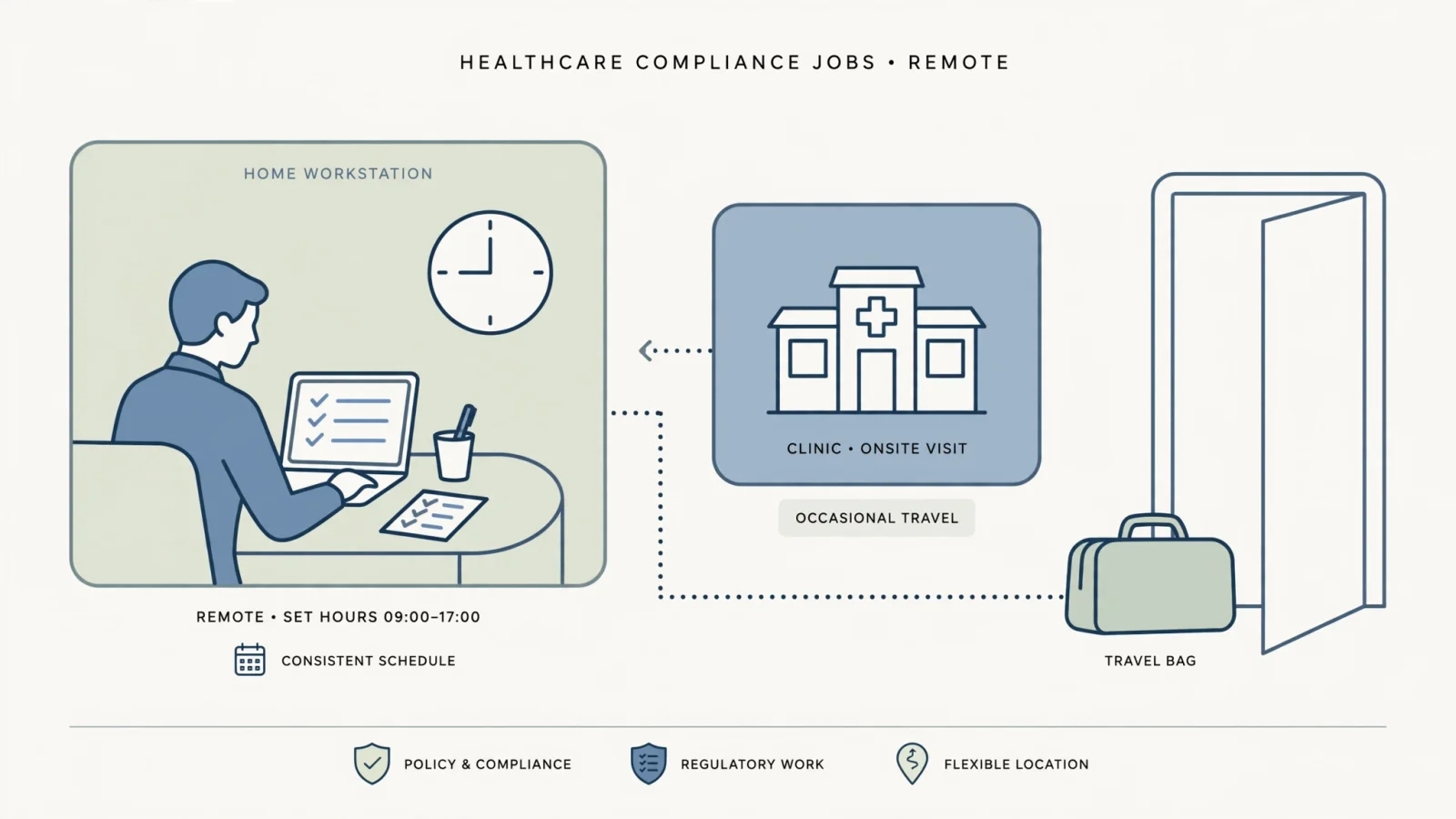 For the remote-work section, show a compliance professional at a home workstation beside a wall clock and a travel bag, suggesting that a remote role may still have set hours and occasional onsite travel.