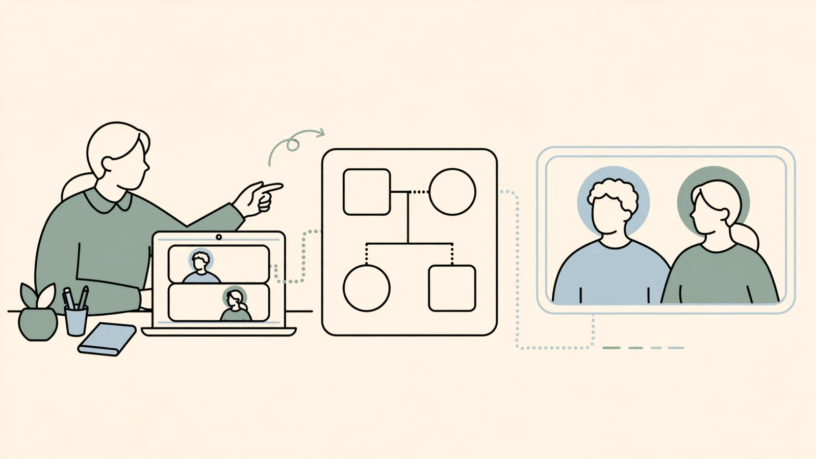 A genetic counselor in a home workspace guiding a patient and family through a video visit, emphasizing the human, patient-facing side of remote work.