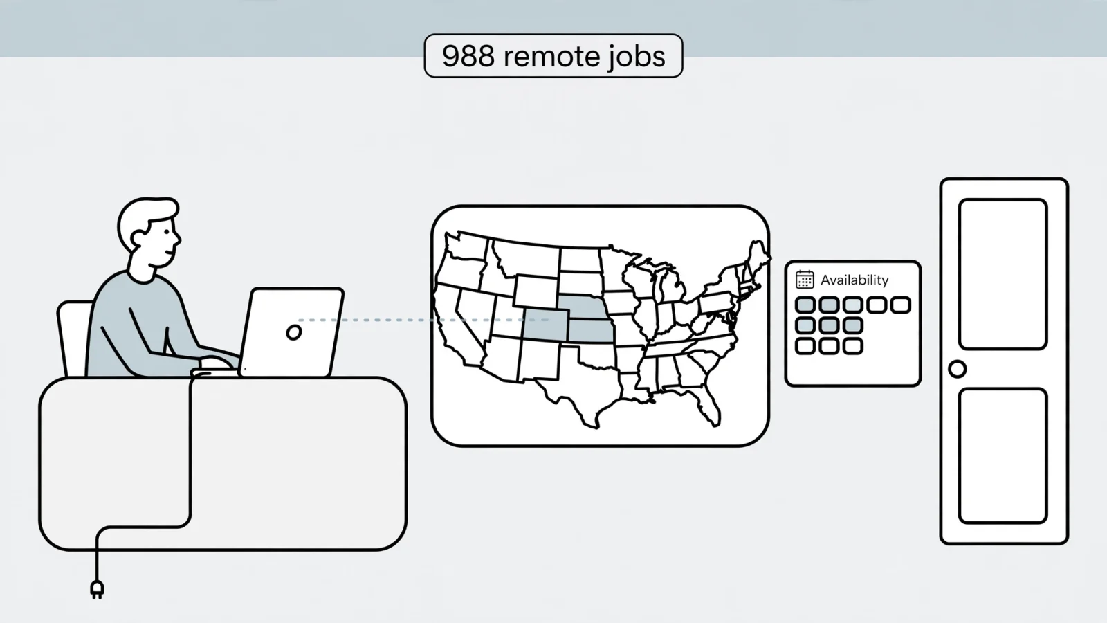 Beside the location and schedule discussion, show a job seeker reviewing a laptop beside an unlabeled U.S. map and shift calendar, making remote-work boundaries tangible without readable text or logos.