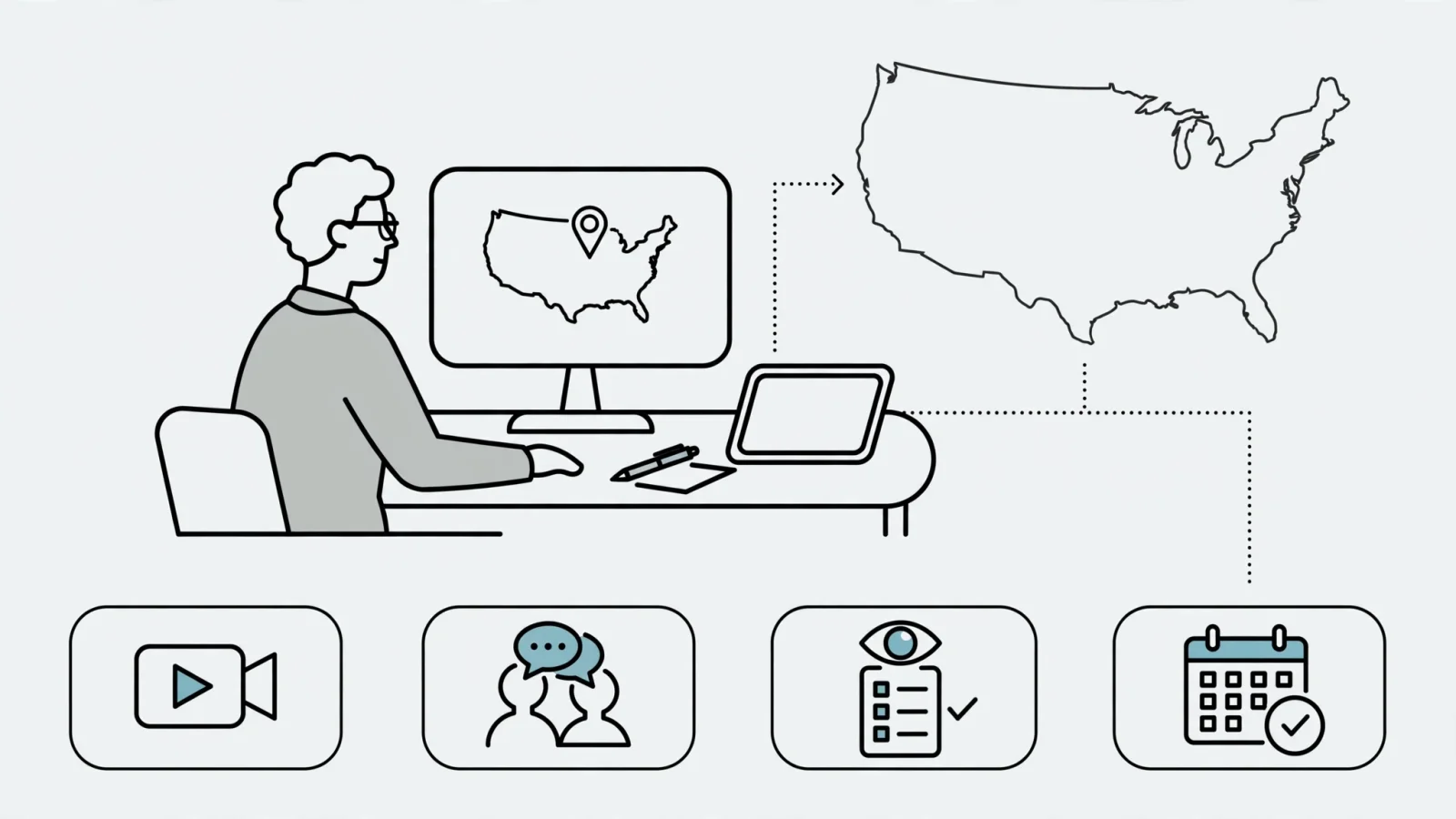 A psychologist at a secure home-office telehealth workstation checks a patient’s location while a subtle United States map and a second device suggest interstate practice, with no readable text.