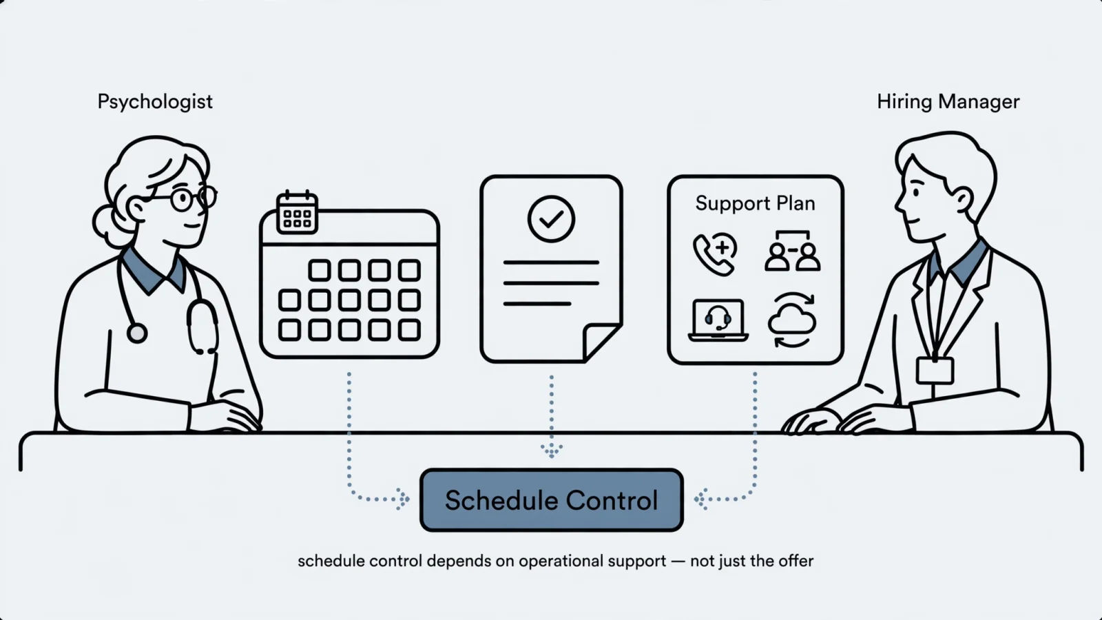 A psychologist and hiring manager review a remote-job offer at a table, comparing a calendar, a contract, and a support plan for crisis coverage and supervision, with no readable text.