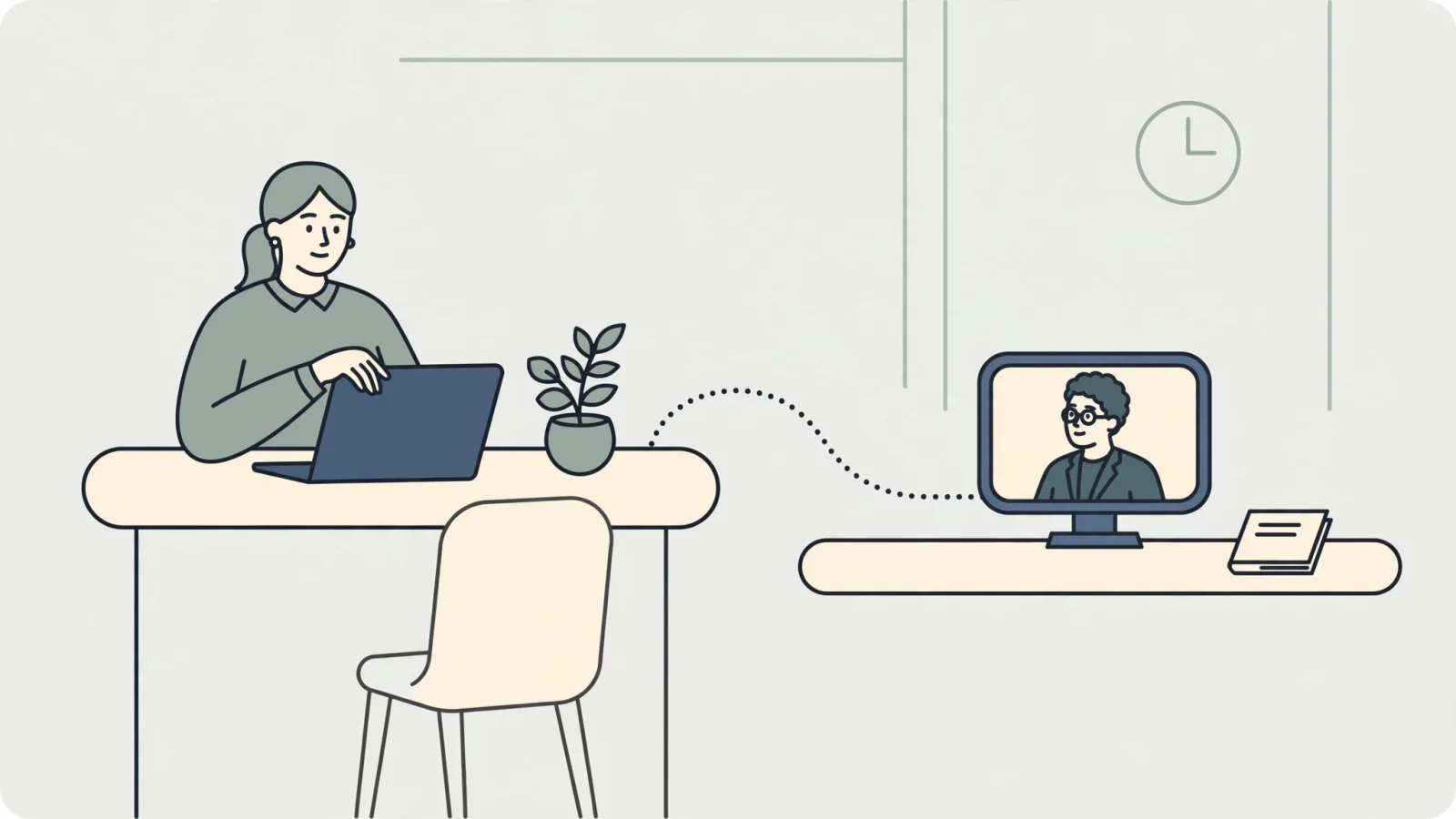 A calm home-office scene shows an associate therapist ending a telehealth session while a supervisor appears on a separate screen, linking remote care with structured oversight.