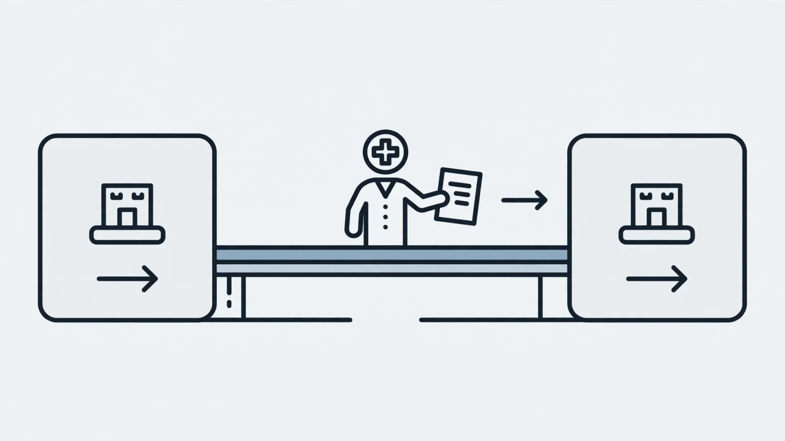 Show a physician handing off a patient chart from a departing practice to an incoming practice across a small bridge, with the bridge representing prior-acts coverage and a visible gap representing missing tail; keep the scene text-free.