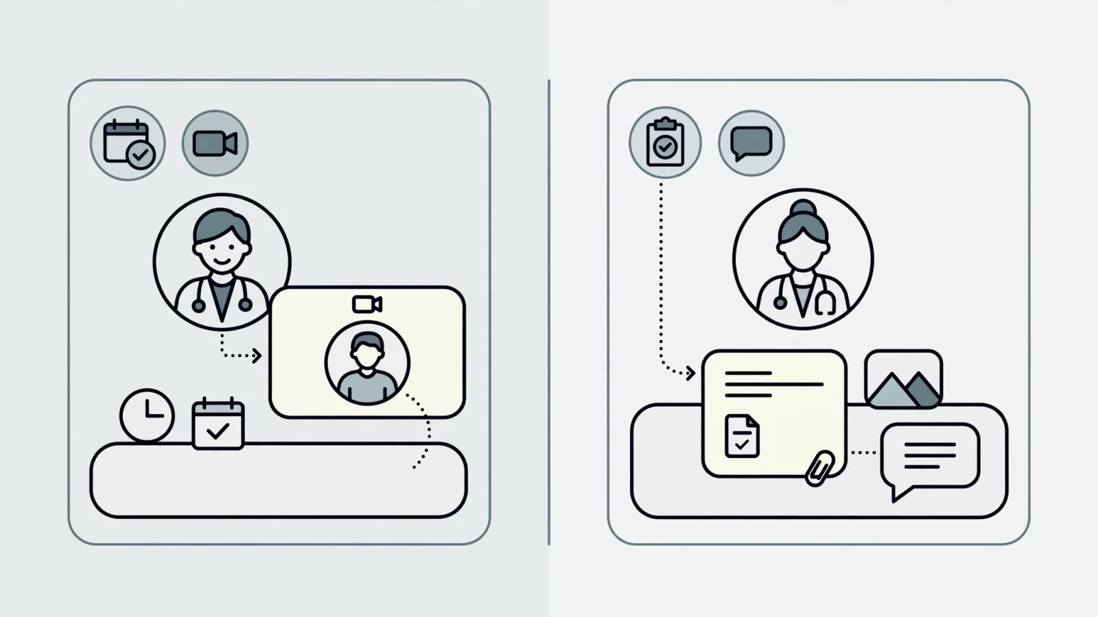 For the opening comparison, show a split-screen editorial scene with one clinician conducting a scheduled live video visit and another reviewing a patient-submitted case at a flexible desk, with no text.