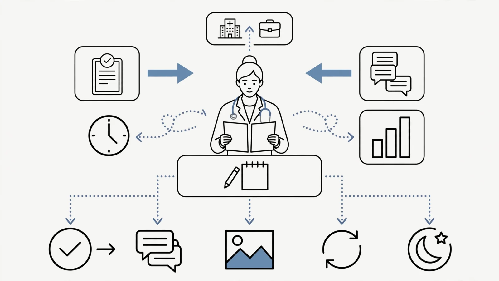 For the compensation section, show a clinician comparing an offer beside a timer, message queue, chart, and documentation notes to make hidden work time visible without readable text.