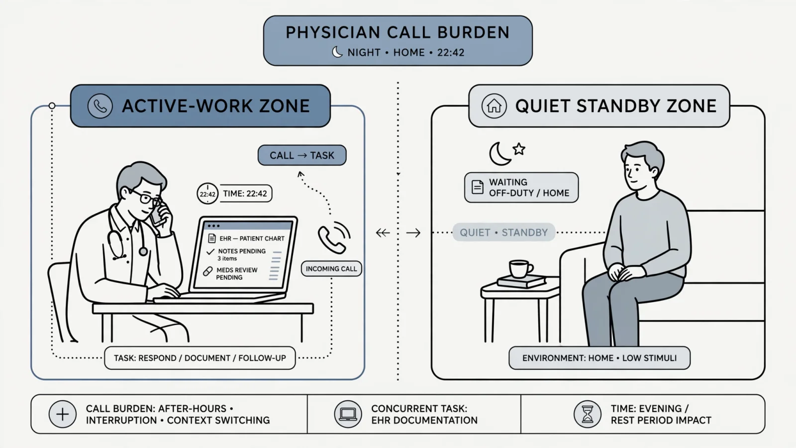 A physician at home at night answers a phone beside an open laptop showing a generic EHR interface while a family member waits nearby, conveying the difference between being available and actively working; no readable text.