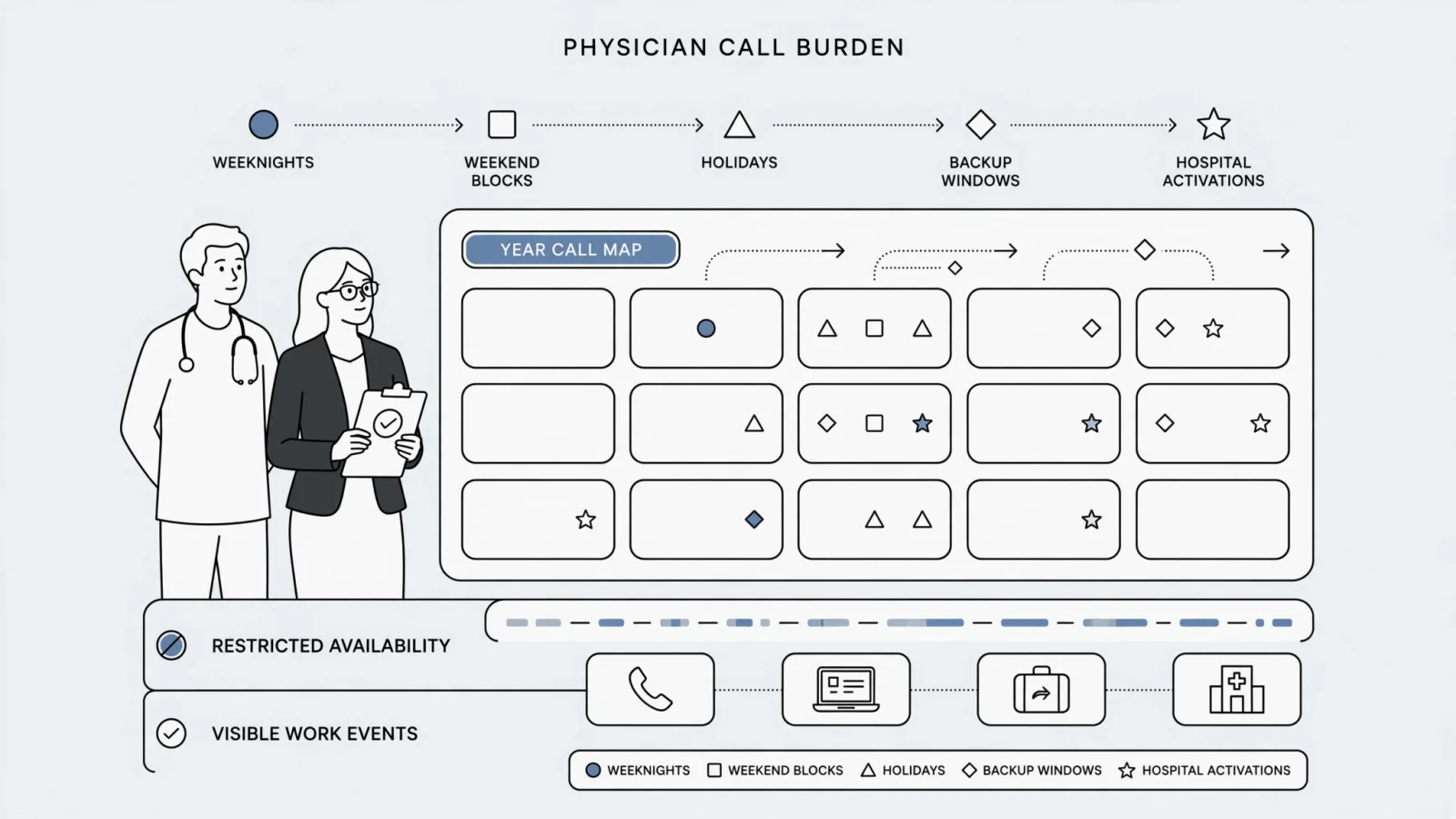 A physician and practice manager map a full year of call commitments across a large wall calendar, marking weeknights, weekend blocks, holidays, backup windows, and hospital activations with distinct visual marks; no readable text.