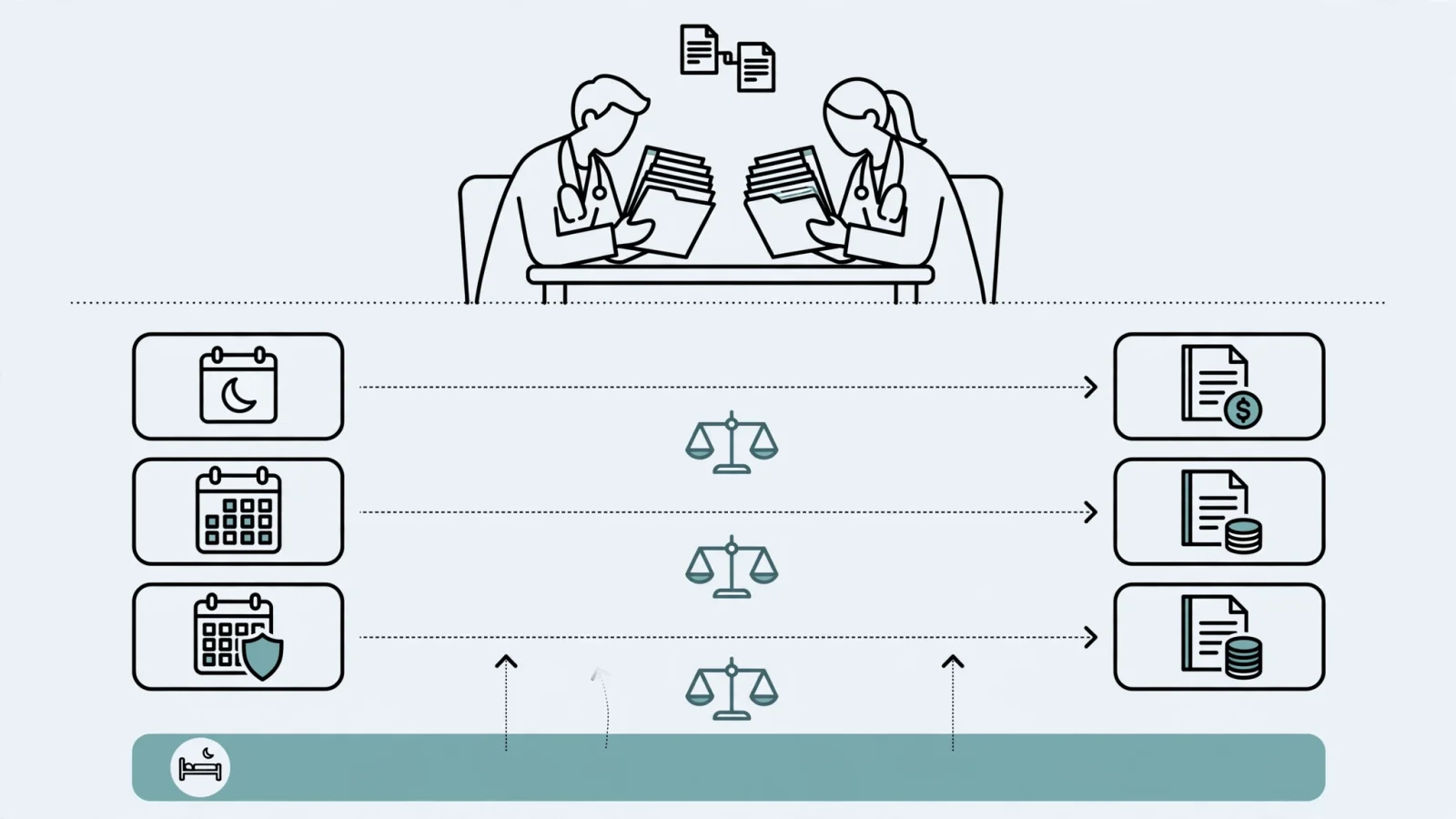 Two physicians compare job offers at a table, weighing compensation papers against calendars showing different overnight calls, weekend blocks, backup coverage, and protected post-call time; no readable text.