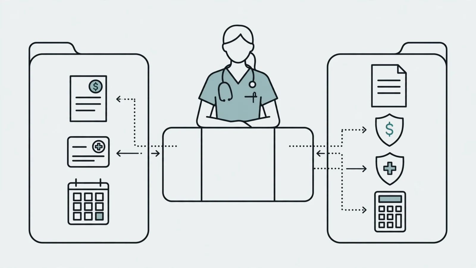 Opening illustration: A nurse practitioner compares two offer folders at a desk, with a payroll statement, benefits card, and paid-leave calendar on one side and invoices, an insurance bill, a malpractice policy, and a calculator on the other, with no visible text.