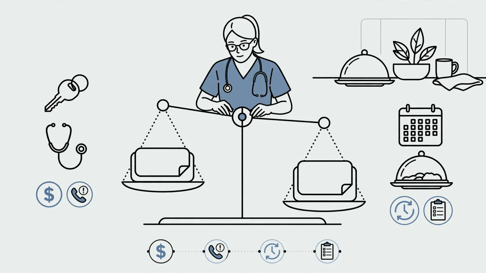 Opening illustration: A clinician at a kitchen table compares two blank job offers beside a weekly calendar, car keys, a stethoscope, and a family dinner waiting in the background, making the trade between salary and recovered time visible without readable text.