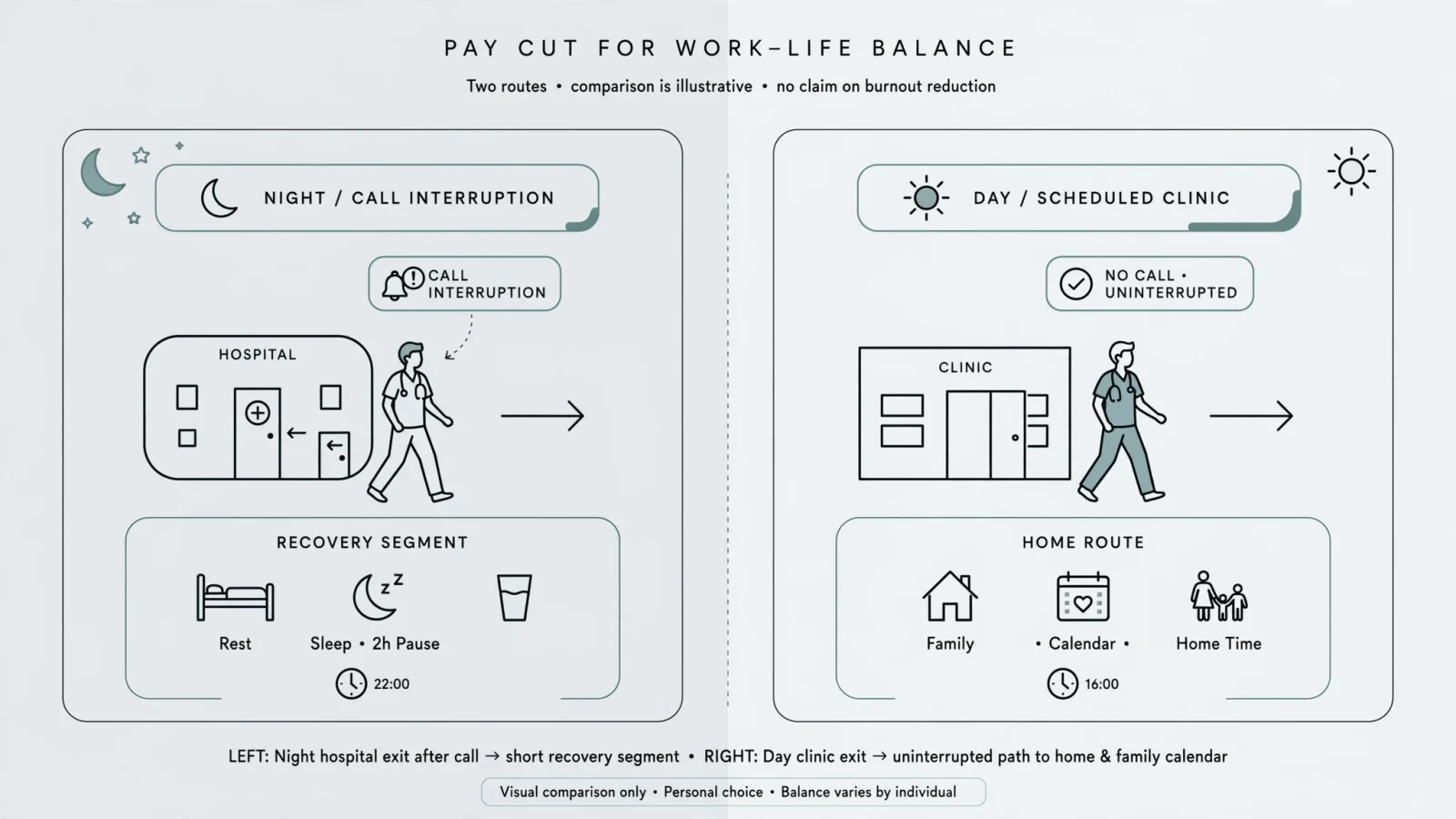 Example illustration: A split-scene shows a clinician leaving a hospital after a late call on one side and leaving a daytime clinic toward home on the other, emphasizing predictability and recovery without claiming that every lower-paying role reduces burnout.