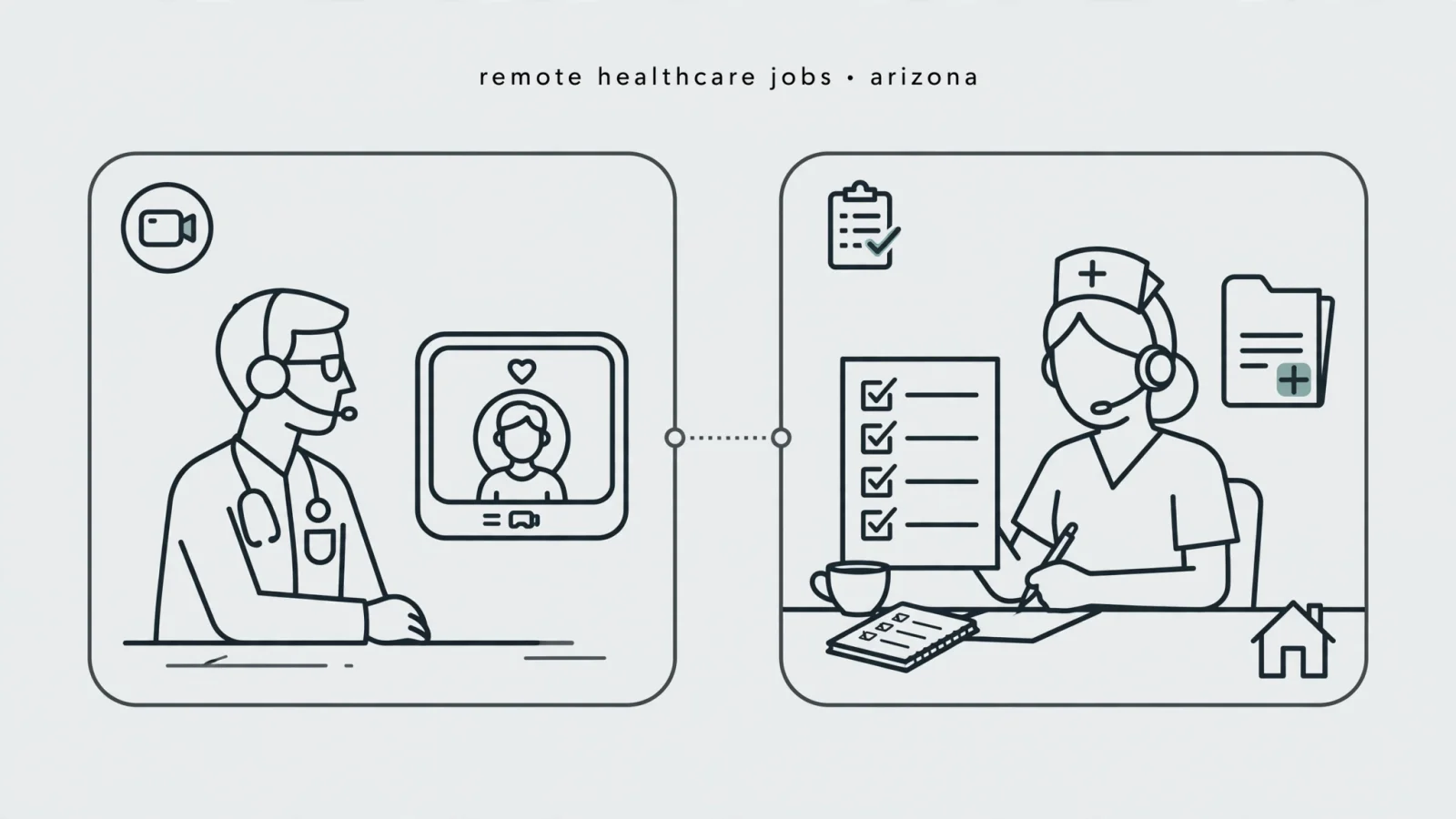 A split-scene editorial illustration pairs a clinician conducting a video visit with a nurse coordinating follow-up from a home workspace, making patient-facing and clinical-support roles visually distinct.
