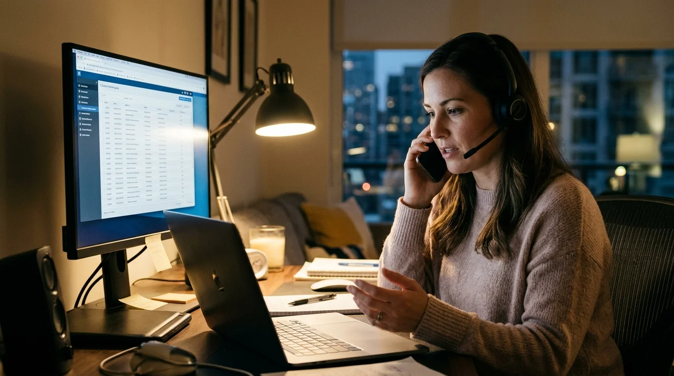 A remote RN on an evening shift coordinating a provider call with a physician reviewer while a second monitor shows a secure utilization-review queue; no readable text.