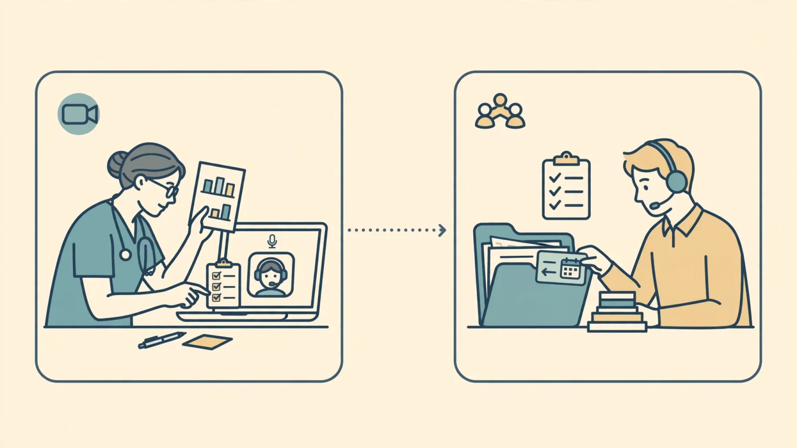 A PA conducts a video visit in a home office while a care-team colleague coordinates follow-up in a shared virtual-care workspace, conveying that telehealth is a clinical practice setting rather than simply working at a laptop.